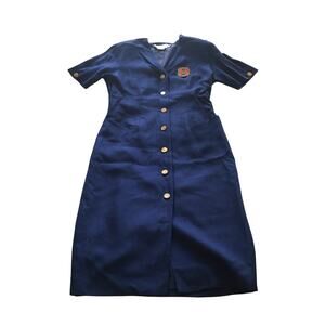 Navy Linen Dress Vintage Starington Size 8 Retro Preppy Embroidered Coat of Arms